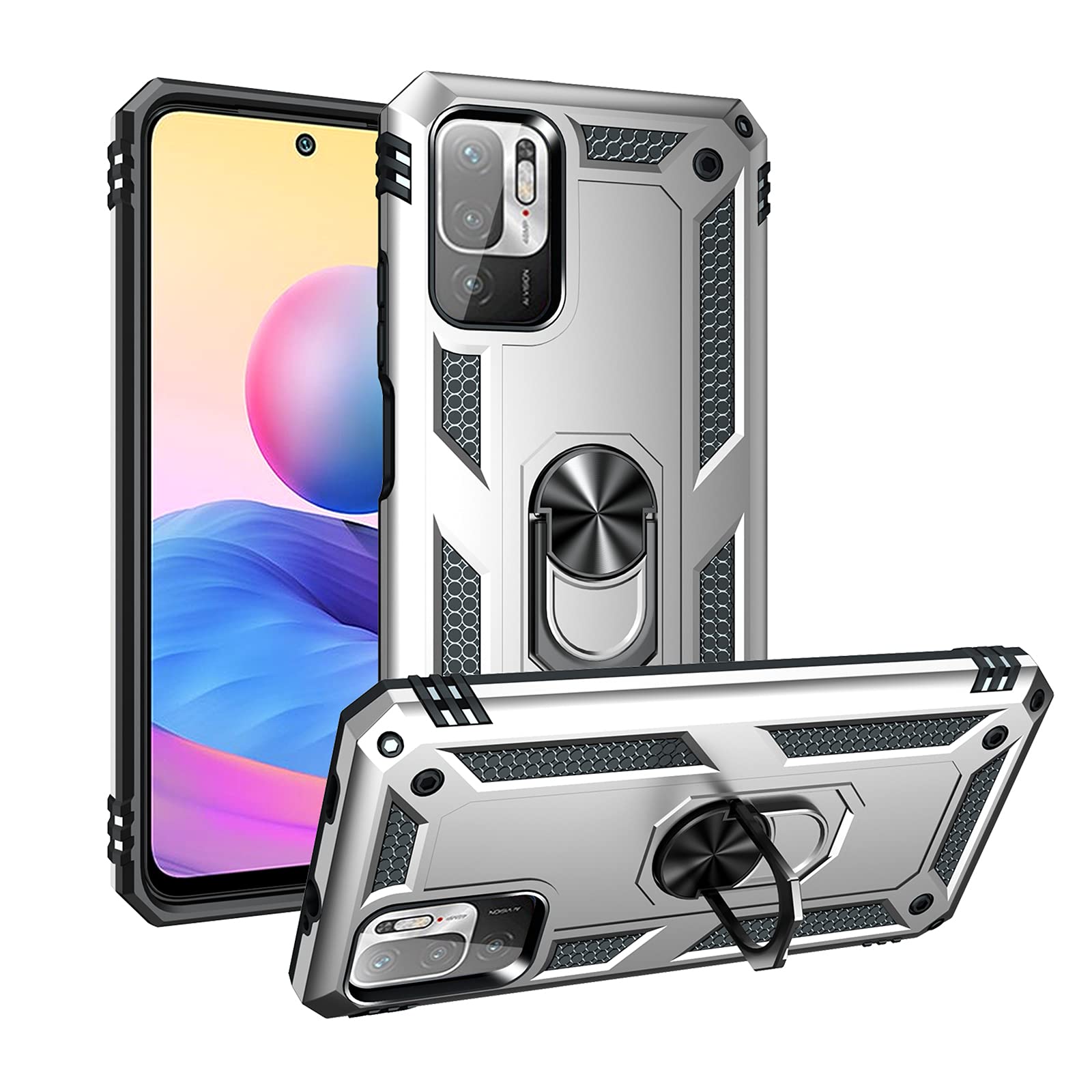 SHIEID Rugged Armor Case for Xiaomi Redmi Note 10 5G Shockproof and Bumper Back Cases with Kickstand Function Protective Phone Cover for Xiaomi Redmi Note 10 5G-Silver