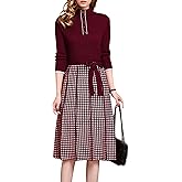 LAI MENG FIVE CATS Women's Elegant Long Sleeve Sweater Plaid Knit Pullover Fall Midi Dress