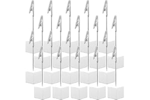 Gersoniel 20 Pcs Cube Base Memo Clip Holder with Alligator Clip Wood Table Number Holder Cube Base Place Card Stand Mini Photo Menu Stand for Displaying Number Card(White)