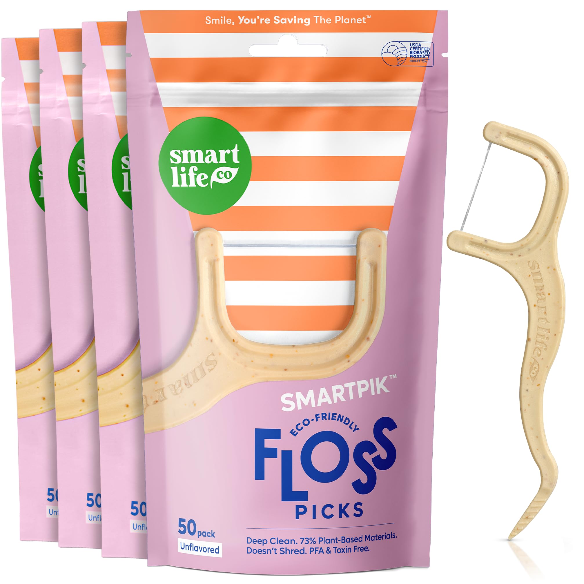 Photo 1 of SmartLifeco Eco-Friendly Dental Floss Picks (200ct) - Flossers Made With Straw Wheat Blend, Strong Anti-Shred Thread For Tight Gaps, Tooth Pick Stick For Adults, Soft on Gum & Teeth, Vegan, Unflavored