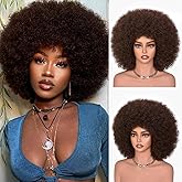 CURLCRAZY Afro Wigs for Black Women 70s Afro Kinky Curly Wig with Bangs Bouncy Huge Fluffy Puff Wigs Synthetic Hair for Cosplay Daily and Party 14Inch