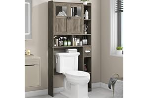 Vabches Over The Toilet Storage Cabinet, Bathroom Shelf Over Toilet with Glass Doors and Adjustable Shelves, Grey Freestanding Home Space Save Toilet Rack, for Restroom, Bathroom, Laundry