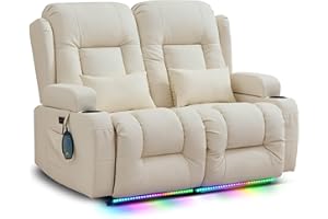 TUNYI Power Loveseat Recliner Sofa - Home Theater Seating with Massage & Heat Faux Leather RV Recliner Loveseat Sofa with USB/Cup Holder/Side Pocket/LED Light/Pillow (Cream White)