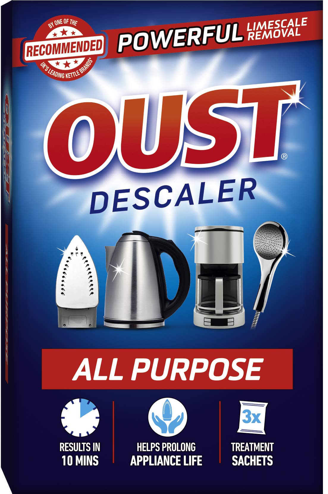 Oust Powerful All Purpose Descaler, Limescale Remover – Ideal for Kettles, Coffee Machines, Irons and Shower Heads (1 x 3 Sachets)