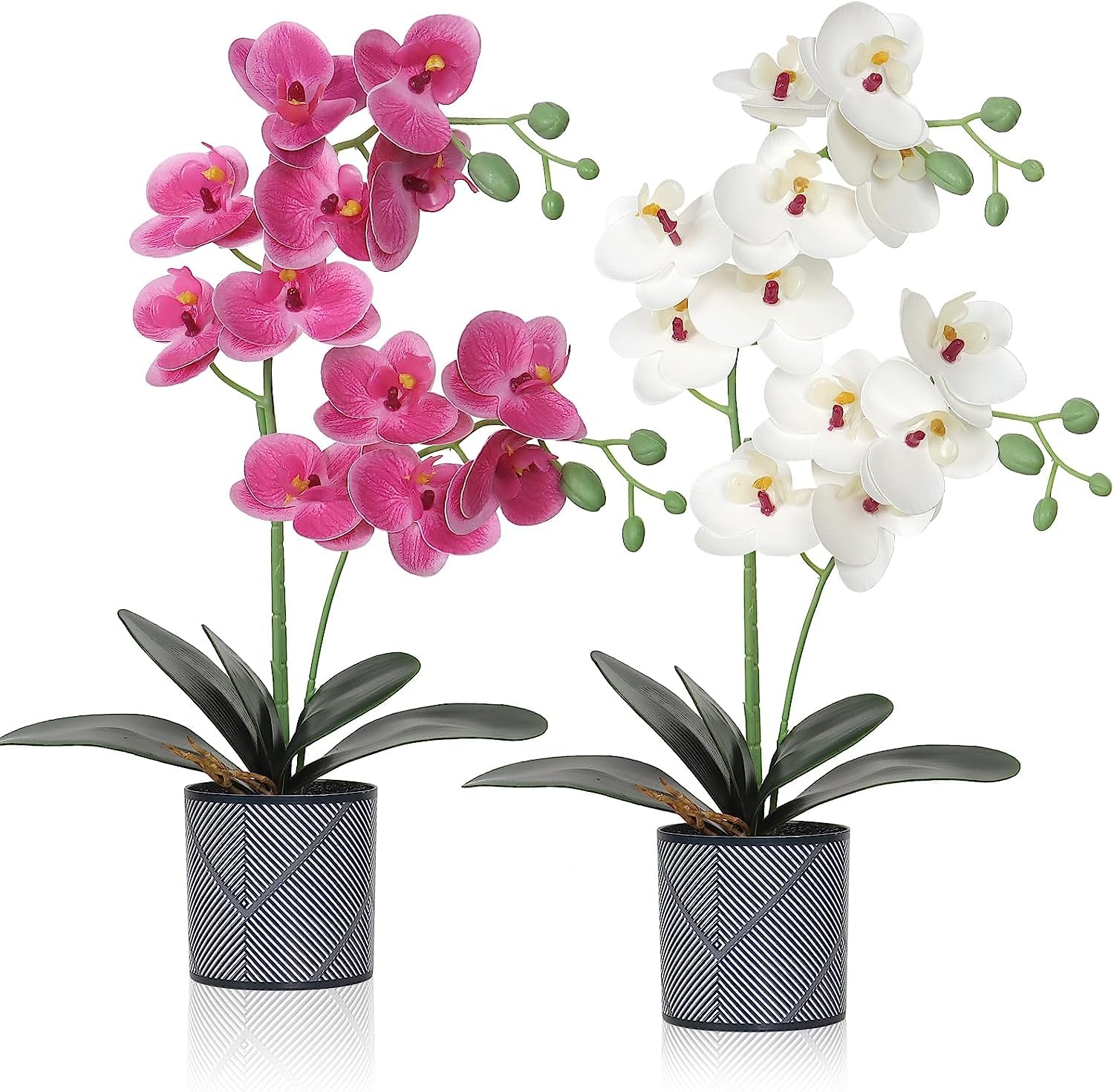 LOMOHOO Artificial Orchid Flowers in Pot,2 pack Potted Orchid Plant Fake Phalaenopsis Flowers with Plastic Vase for Table Home Decor Office Wedding Party Decoration