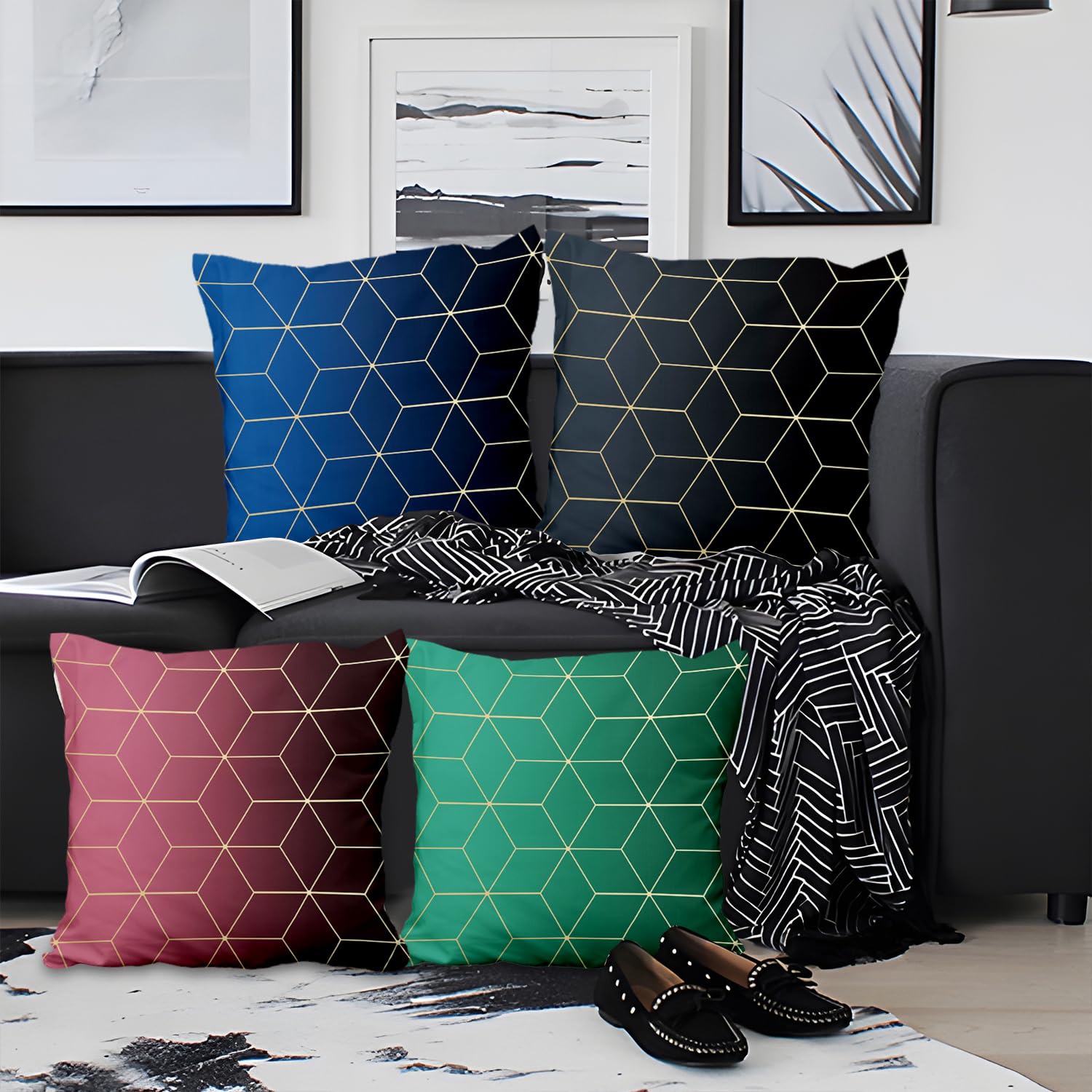 Aoihrraan Boho Cushion Covers Set of 4, Dark Color Gradient Geometry Throw Pillow Covers Blue Black Red Green Soft Short Plush Square Pillowcase for Sofa Couch Bedroom Car Chair Home Decor 18" X 18"