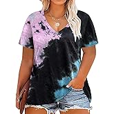 DOLNINE Womens Plus Size Tops Tie Dye Casual V Neck Summer Short Sleeve Loose Fit Shirts XL-5XL