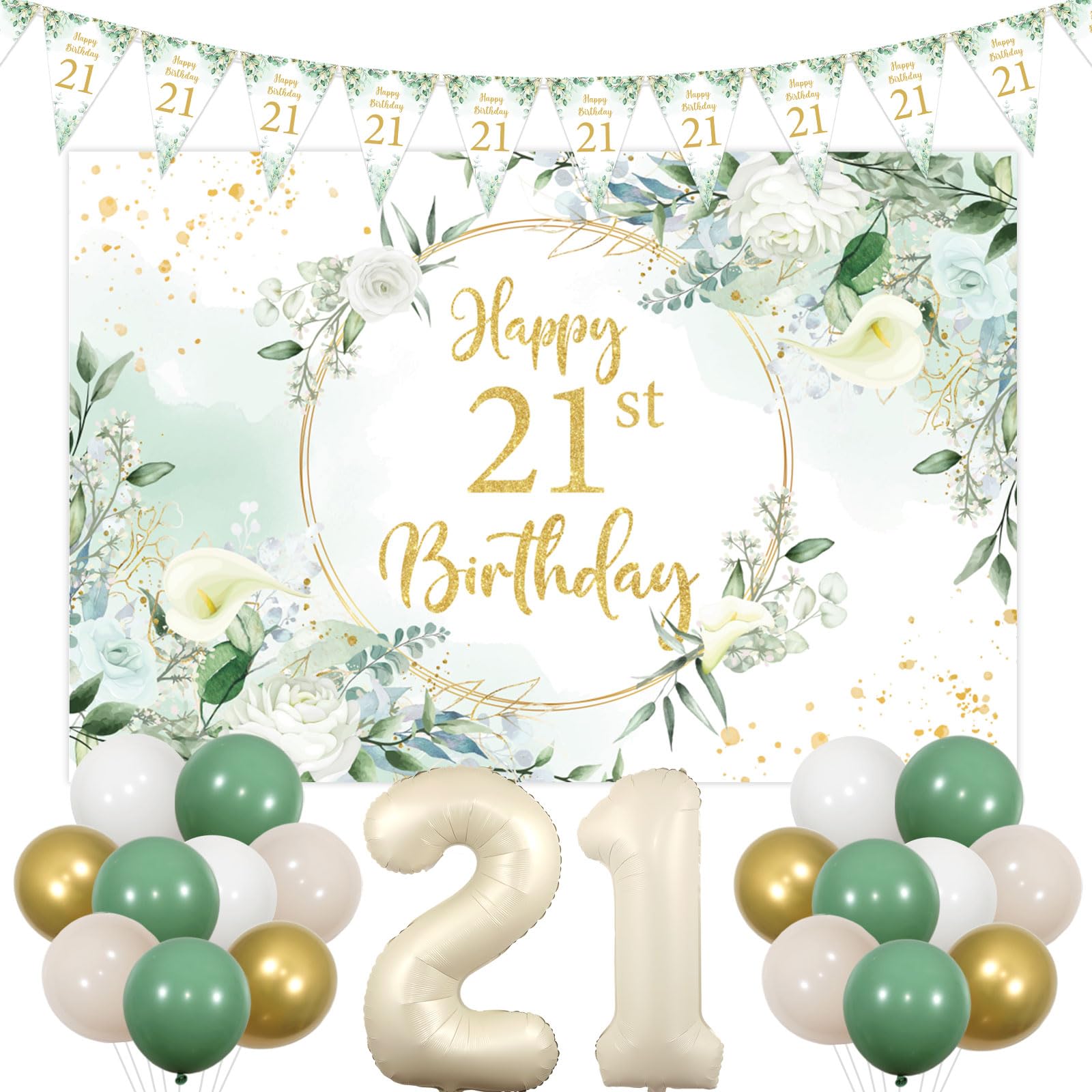 Sage Green 21st Birthday Decorations - Happy Birthday Bunting Banner, Backdrop Banner, Mint Green Gold Balloons, Cream 21 Foil Balloon — image 1