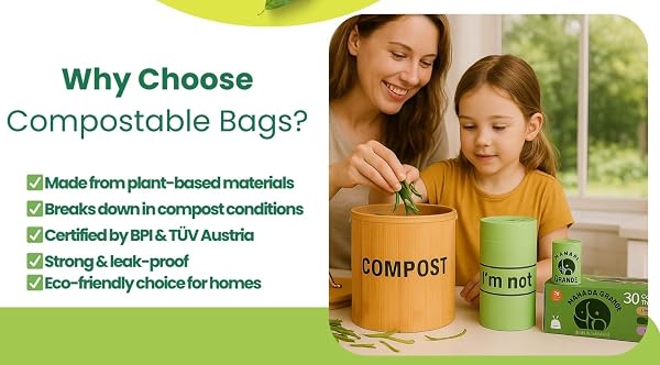 COMPOSTABLE TRASH BAGS 13 GALLON DRAWSTRING – 45 COUNT (30 KITCHEN + 15 SMALL) – EXTRA THICK 1.38 MIL – BPI & OK COMPOST CERTIFIED – PLANT-BASED KITCHEN GARBAGE BAGS – MANADA GRANDE