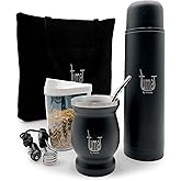 Complete Yerba Mate Kit - Includes Mate Cup, Straw (Bombilla), 750ml Thermos, Bag and two gifts (Container Yerbero and Car Immersion Heater) - Stainless Steel Yerba Mate Set (Black)