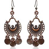 unixmoment Bohemian Vintage Copper Disc Flower Fringe Dangle Drop Earrings Handmade Tribal Chandelier Floral Hook Earrings for Women
