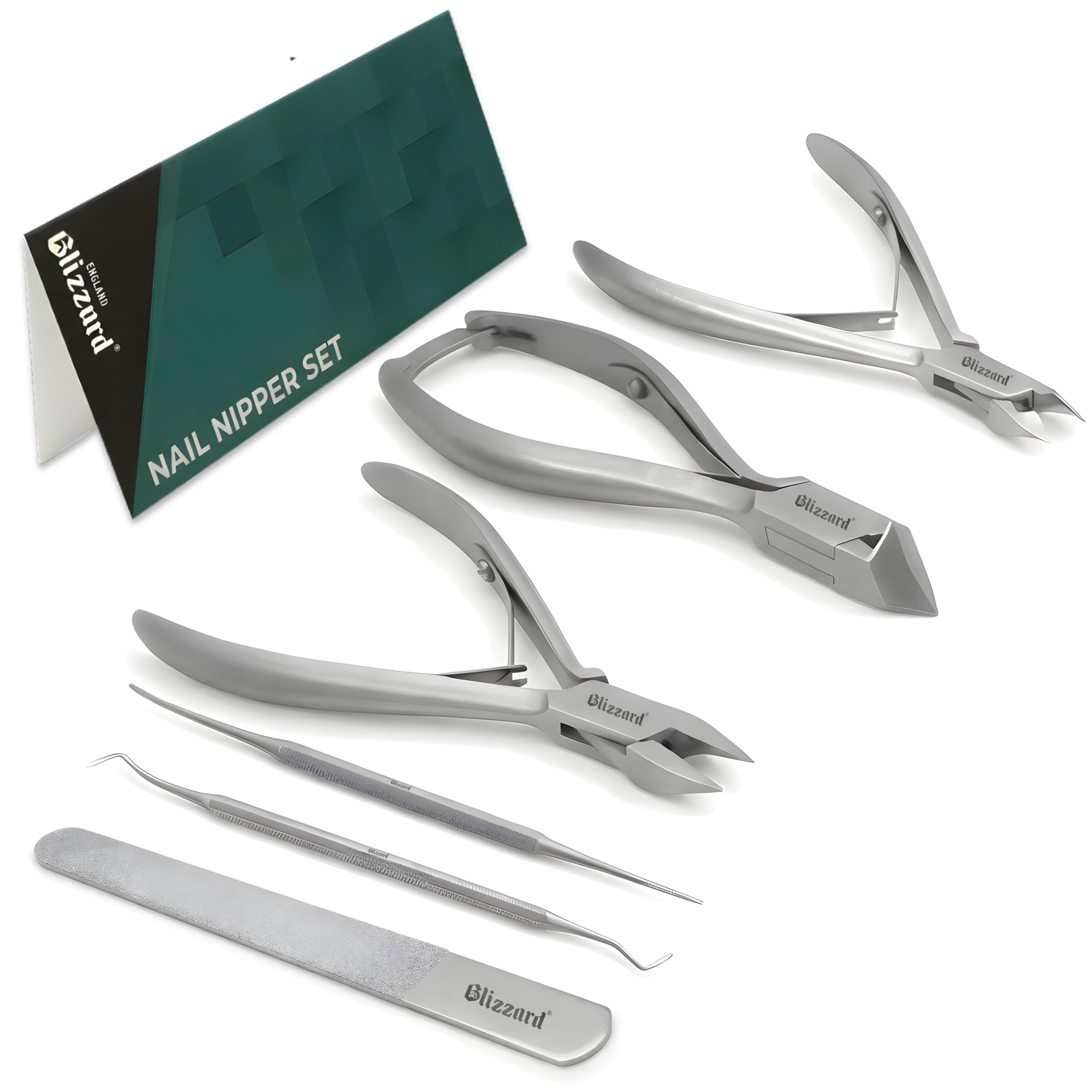 Blizzard Podiatry Tool Set – 5-Pcs Foot Care Kit for Thick & Ingrown Toenails – Nail Nippers, Ingrown Toenail Clippers, Cuticle Cutter & Nail File Set – Professional Stainless Steel Pedicure Tools