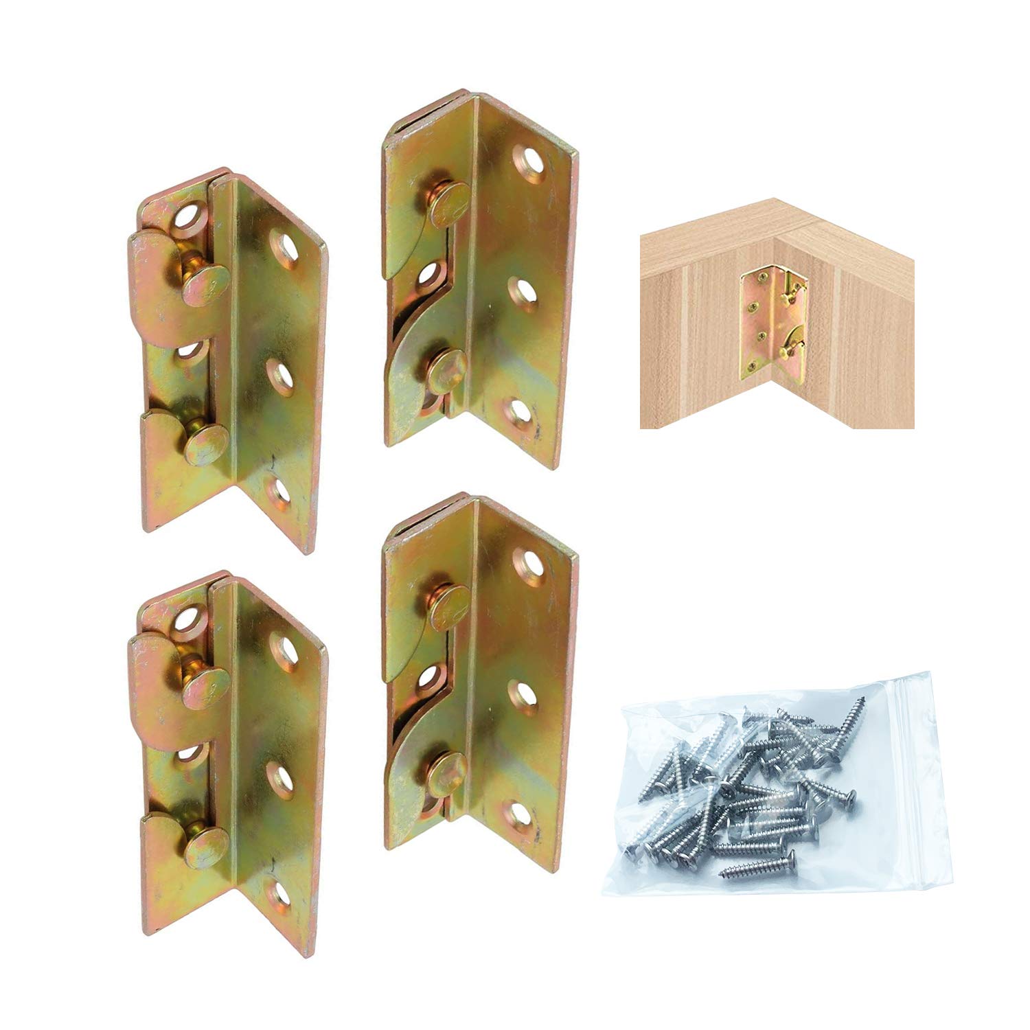 LIKERAINY Heavy Duty Bed Hinge Rail Brackets Suspension Connecting Fittings Joiner Hooks Fastener for Bed Frame Metal Yellow Chromed 4 Sets