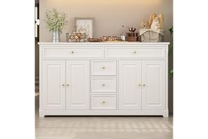 FUFU&GAGA Buffet Cabinet Storage Kitchen Sideboard Farmhouse Buffet Server Bar Wine Cabinet with 5 Drawers & 4 Doors, Console Table for Dining Living Room Cupboard (White)