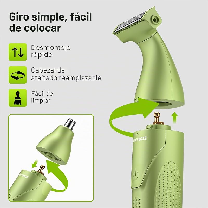 Recortadora precisión 3 en 1 para hombre, kit cuidado personal para barba y cabello, recortadora corporal, recortadora de nariz y orejas, afeitadora inalámbrica para hombre (Verde)