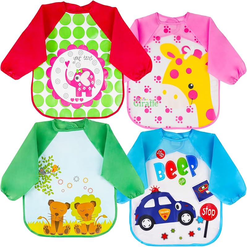 Babetetes impermeáveis para bebés, 4 peças de babete impermeável para pintura com mangas compridas para bebés dos 0 aos 24 meses, unissex