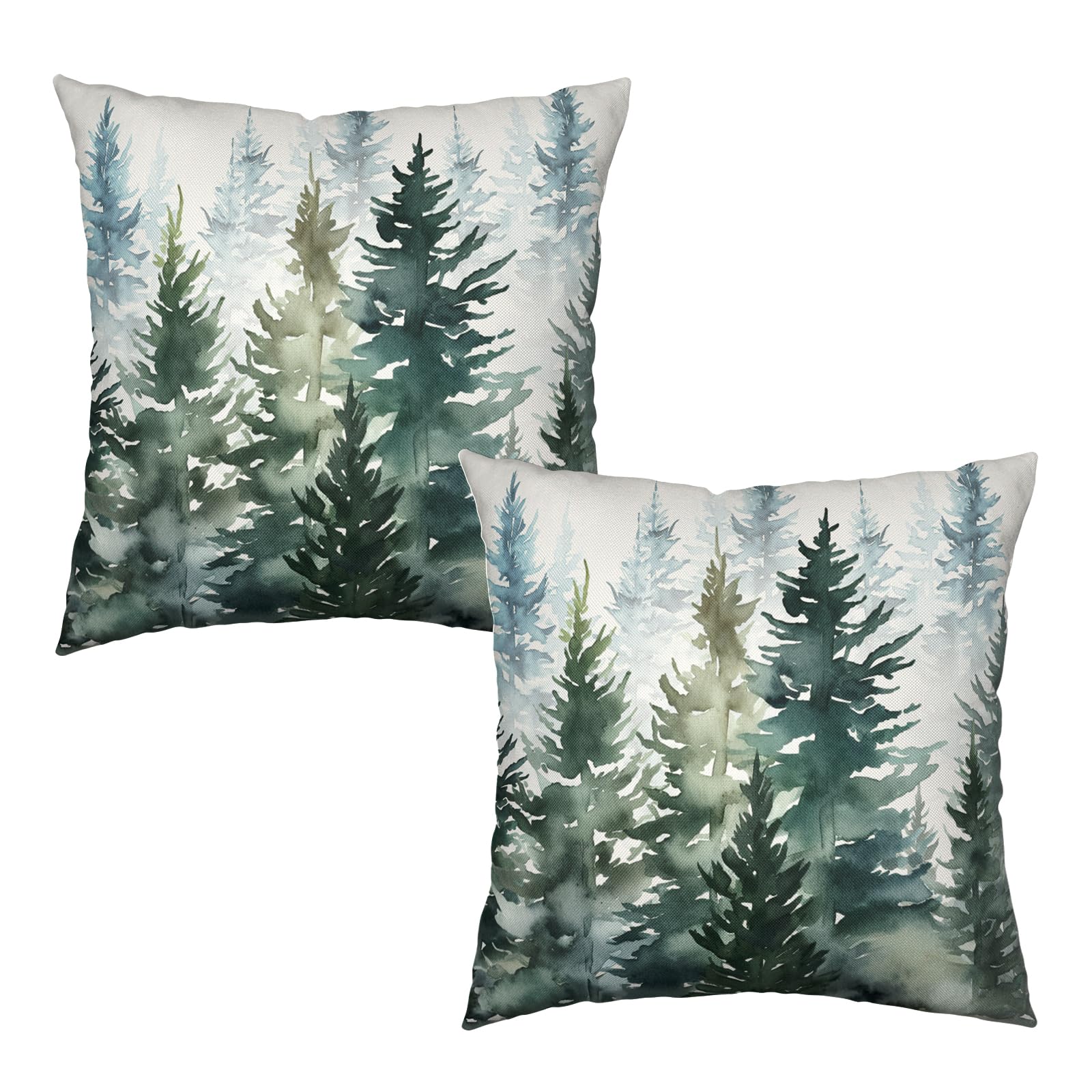 Wnoesat Watercolor Green Tree Throw Pillow Covers 20x20 Pine Tree Pillow Cases 2 Pcs Rustic Style Nature Forest Pillow Protector Winter Christmas Square Linen Decorative Pillow Covers for Couch