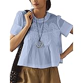 Women's Babydoll Tops Short Sleeve Lace Detail Blouses Flared Pleated Swing Sheer Mesh Shirts