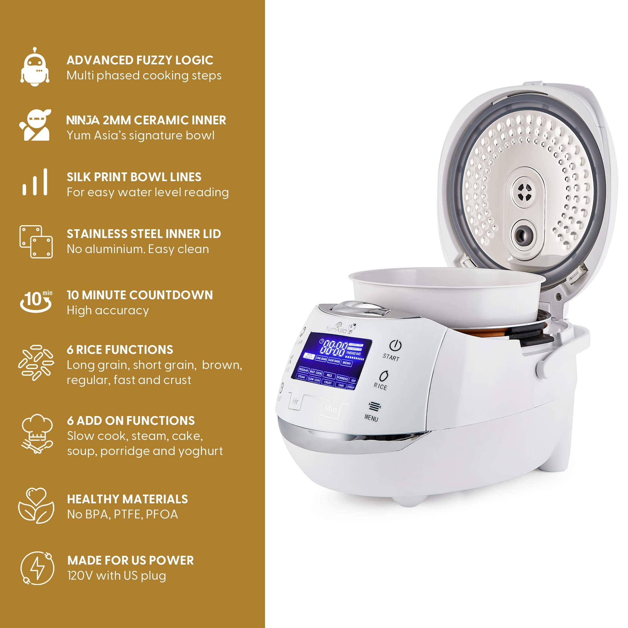 Yum Asia Sakura Rice Cooker with Ceramic Bowl and Advanced Fuzzy Logic (8 Cup, 1.5 Litre) 6 Rice Cook Functions, 6 Multicook Functions, Motouch LED Display, 120V Power (White and Siver)