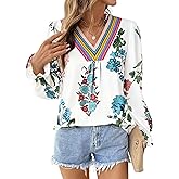 SHEWIN Women's Blouses Casual V Neck Long Sleeve Floral Print Chiffon Crochet Trim Tops Shirts