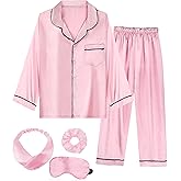 MEEYI 4 Pcs Girls Silky Pajamas Birthday Spa Party Soft Sets with Blindfold Hair Bands Elastic Hair Scrunches