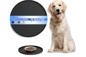 Arespark Dog Food Mat 2 PCS, Nonslip Waterproof Dog Silicone Feeding Bowl Mat with Raised Edges for Floors Prevent Spills, Round Eating Plate Puppy Supplies (Black 10in)