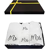 RUBBER BOND Mr and Mrs Towels Set with Gift Box - 4 Pack Bath and Hand Towels for Couples - Hotel, Spa & Bathroom Cotton Towels for The Couples (Black Embroidery)