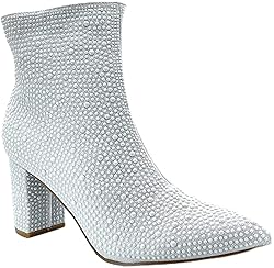 Women Rhinestone Block Chunky Heel Ankle Bootie