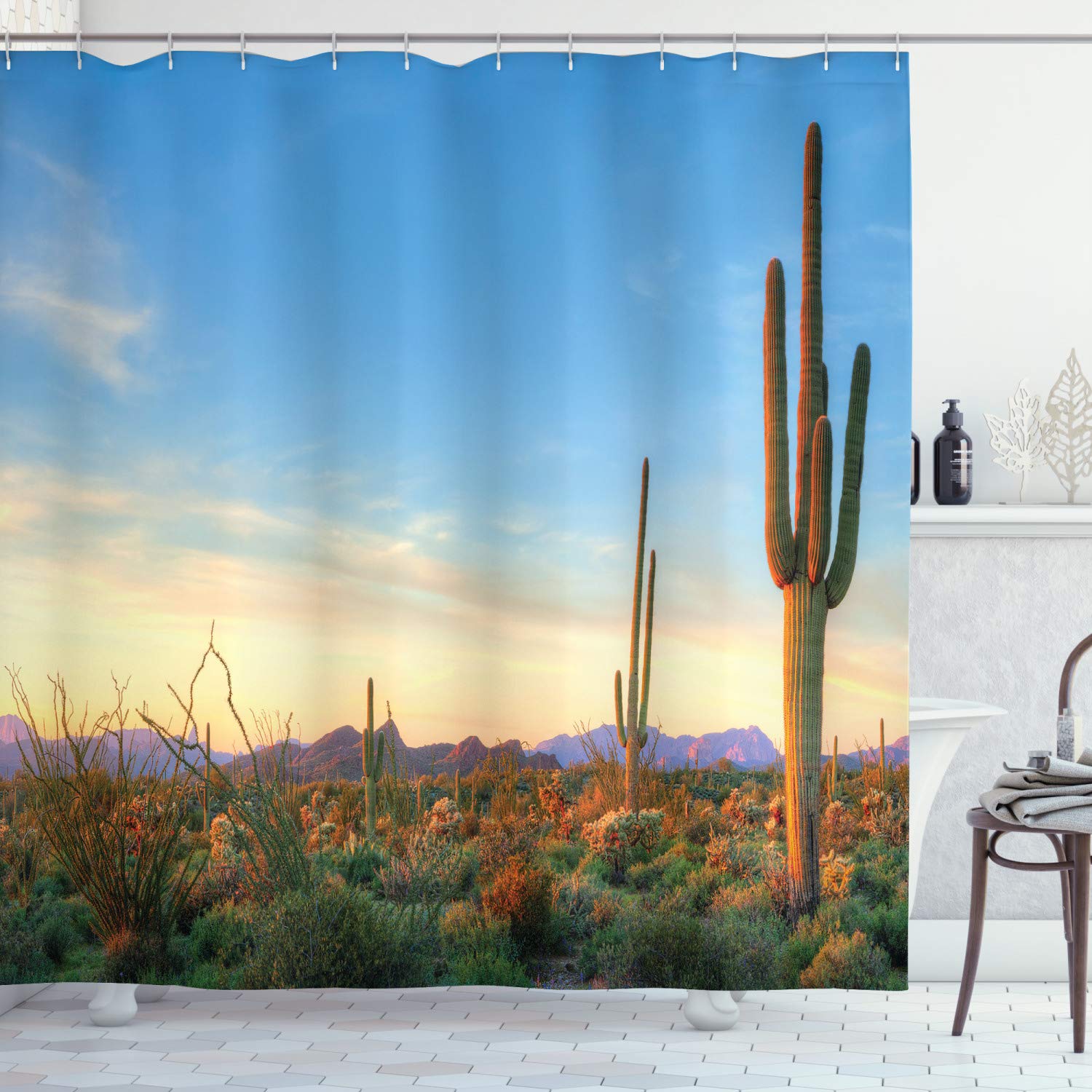 ABAKUHAUS Desert Shower Curtain, Sonoran Desert Catching Days Last Rays Saguaro Cactus Wild Vegetation, Cloth Fabric Bathroom Decor Set with Hooks, 70 Inches, Green Orange Pale Blue