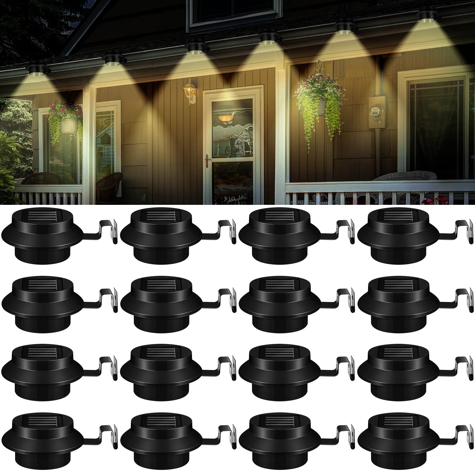 Photo 1 of 16 Pcs Solar Powered LED Gutter Lights 3 LED Deck Gutter Solar Lights Outdoor Waterproof LED Garden Yard Wall Lamp with Bracket for Fence Wall Stair Step Pathway, White Light and Warm Light (Black)