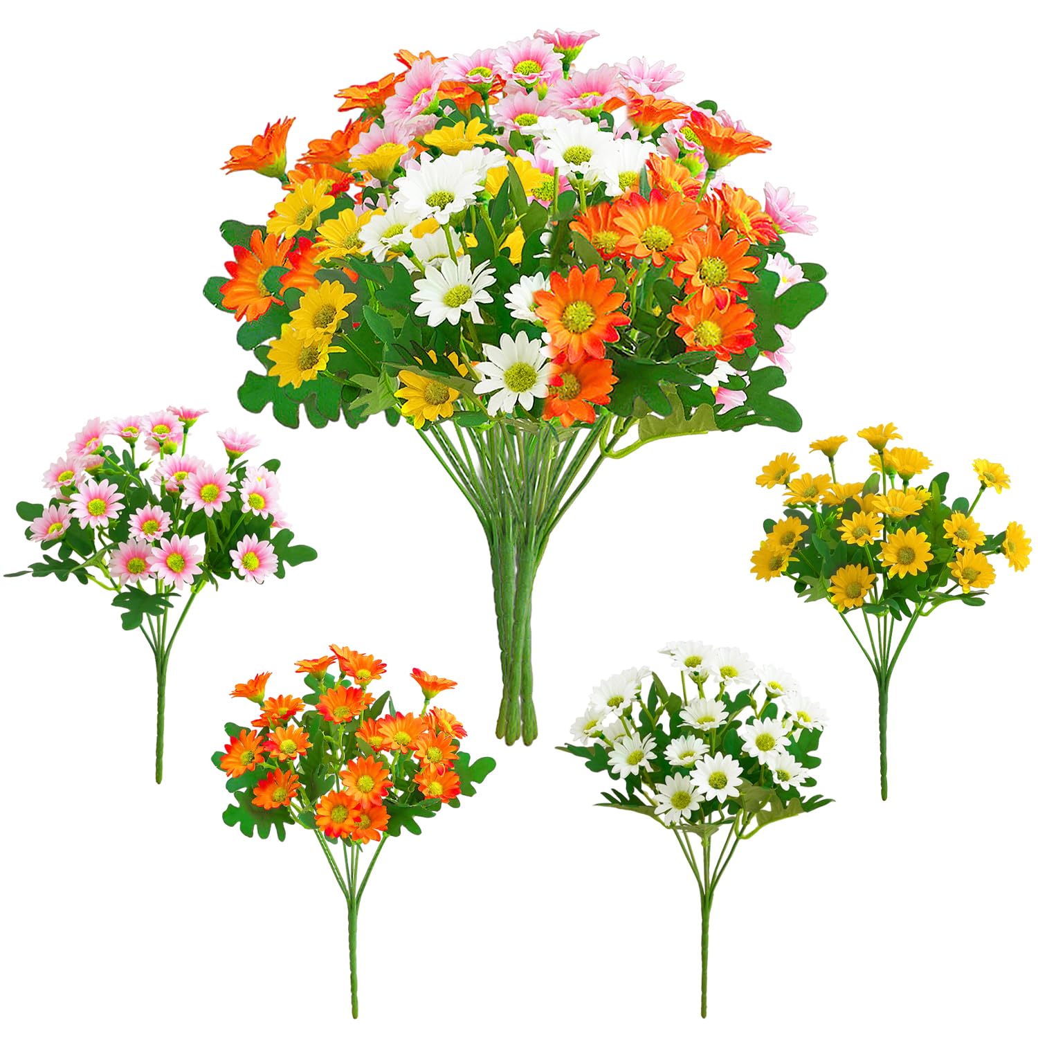 OMIGA 5 Bundles Artificial Daisy Flowers Artificial Plants Outdoor Plastic Fake Flowers for Home DIY Craft Wedding Party Decoration Garden Porch Window (Yellow/White/Orange/Pink)