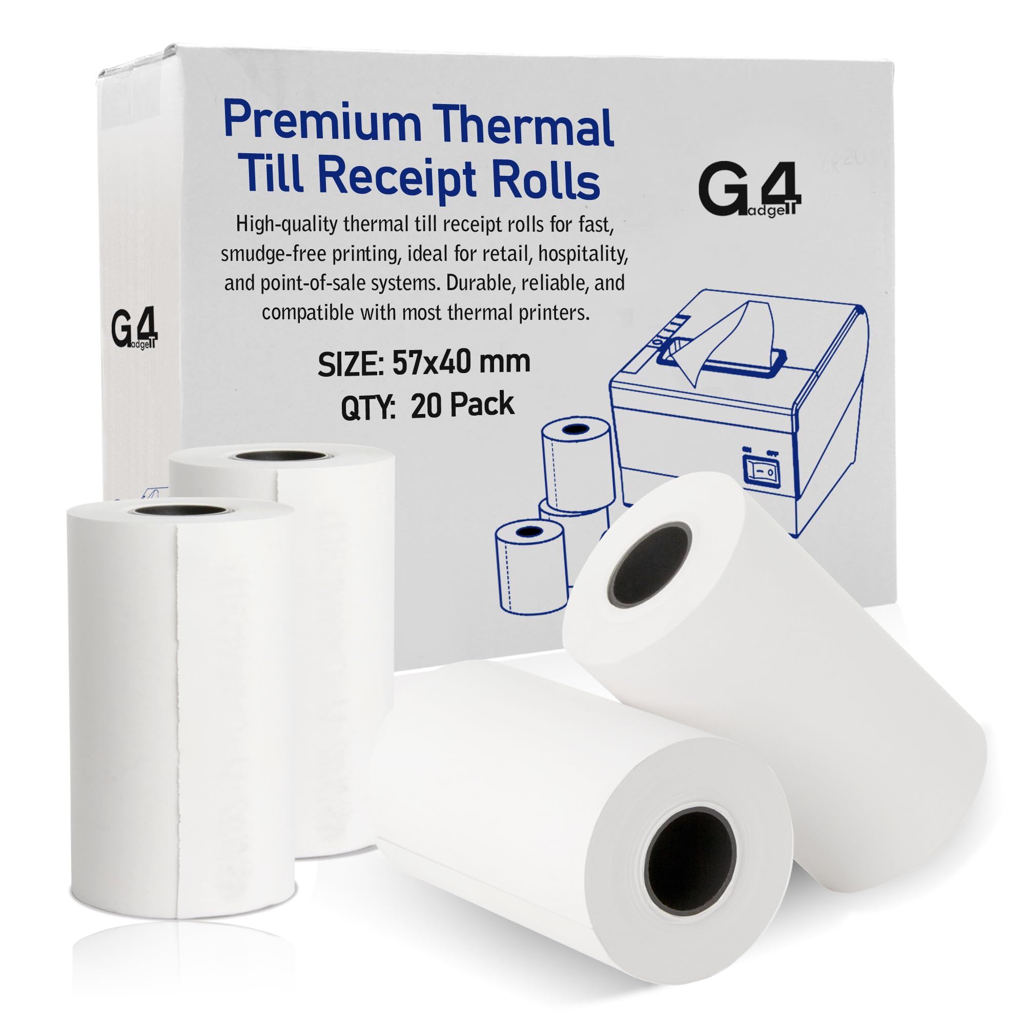 20 Rolls 57 x 40 Thermal Paper Till Rolls Receipt Roll for Cash Register, POS, Credit Card Machine with Red Warning Strip