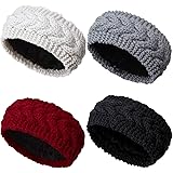 Elcoho 4 Pieces Crochet Plush Lining Knit Headbands Fuzzy Lining Ear Warmer Winter Head Wrap for Women Girls