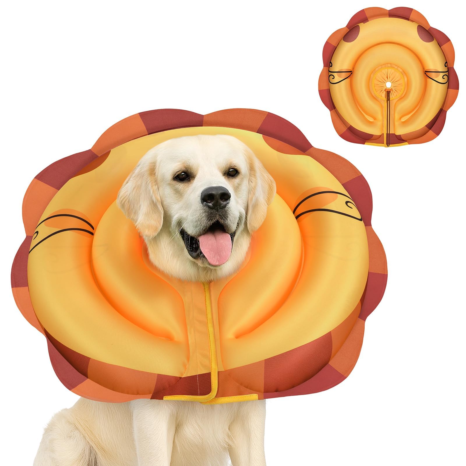 Photo 1 of TOBYTO Dog Cone Collar for Large Medium Dogs, Soft Inflatable Dog Cone Alternative After Surgery, Alternative E Collar Does Not Block Vision, Adjustable Protective Recovery Cone(Orange Lion, L)