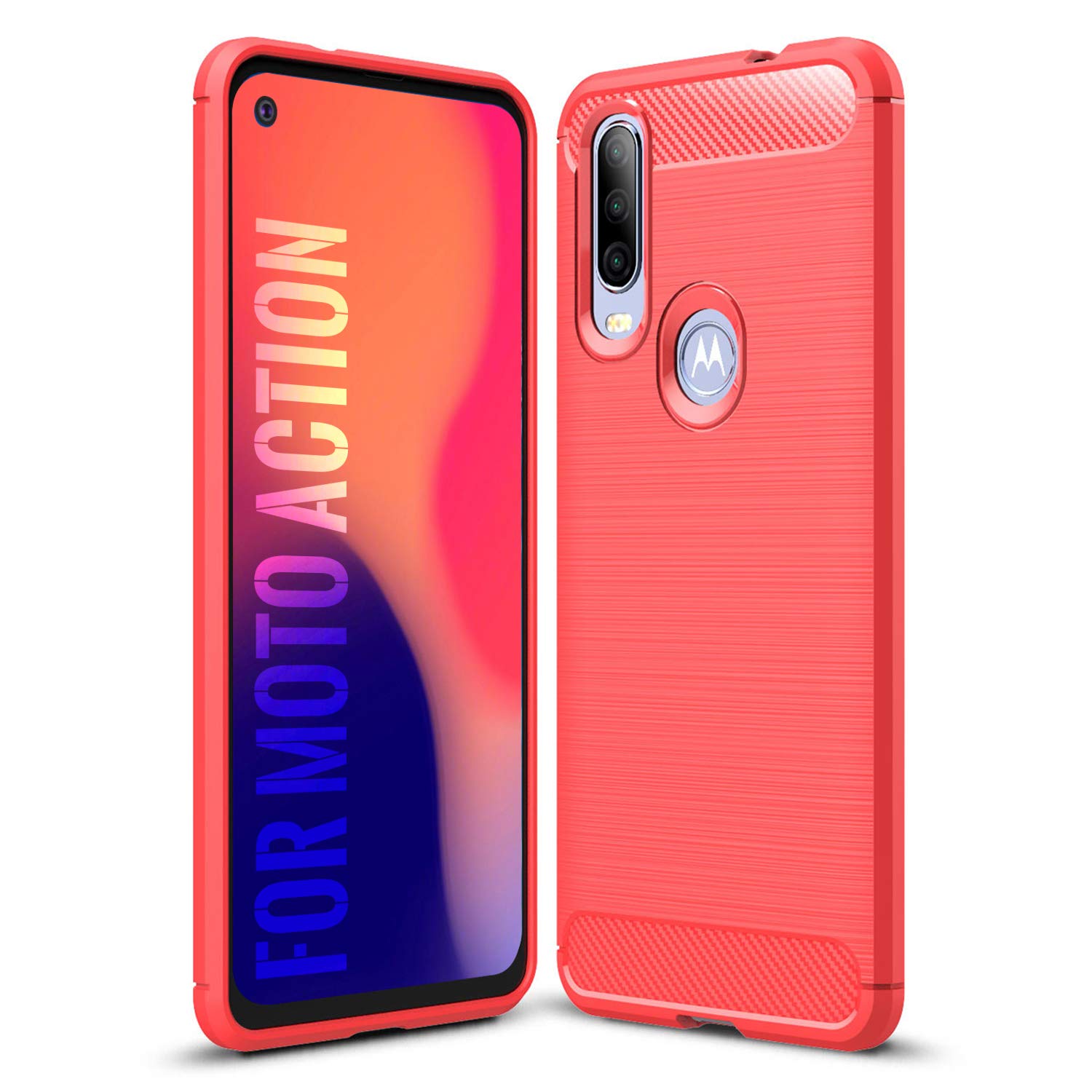 SCL Moto One Action Case for Motorola One Action, Exquisite Series Carbon Fiber Protective Case with Anti-Scratch and Shock Absorption Technology, Case for Motorola One Action - Red