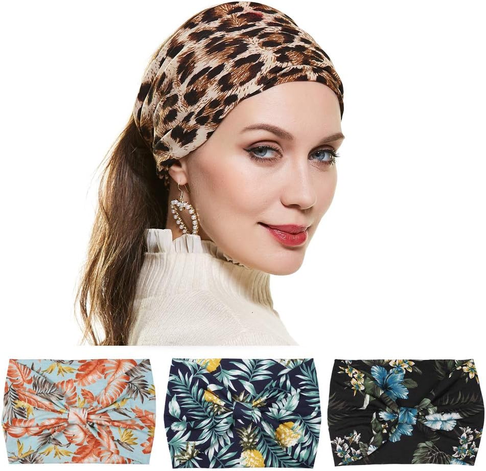 Leopard Stretch Headbands Set for Women, Bohemian Boho Turban Elastic Cheetah Hair Bands Headwraps Criss Cross Knotted Twisted Non Slip Extra Wide Thick Cloth Head Bands Wrap, Girls Outdoor Beach Turban Hairbands Accessories Twinfree - 4 Pack