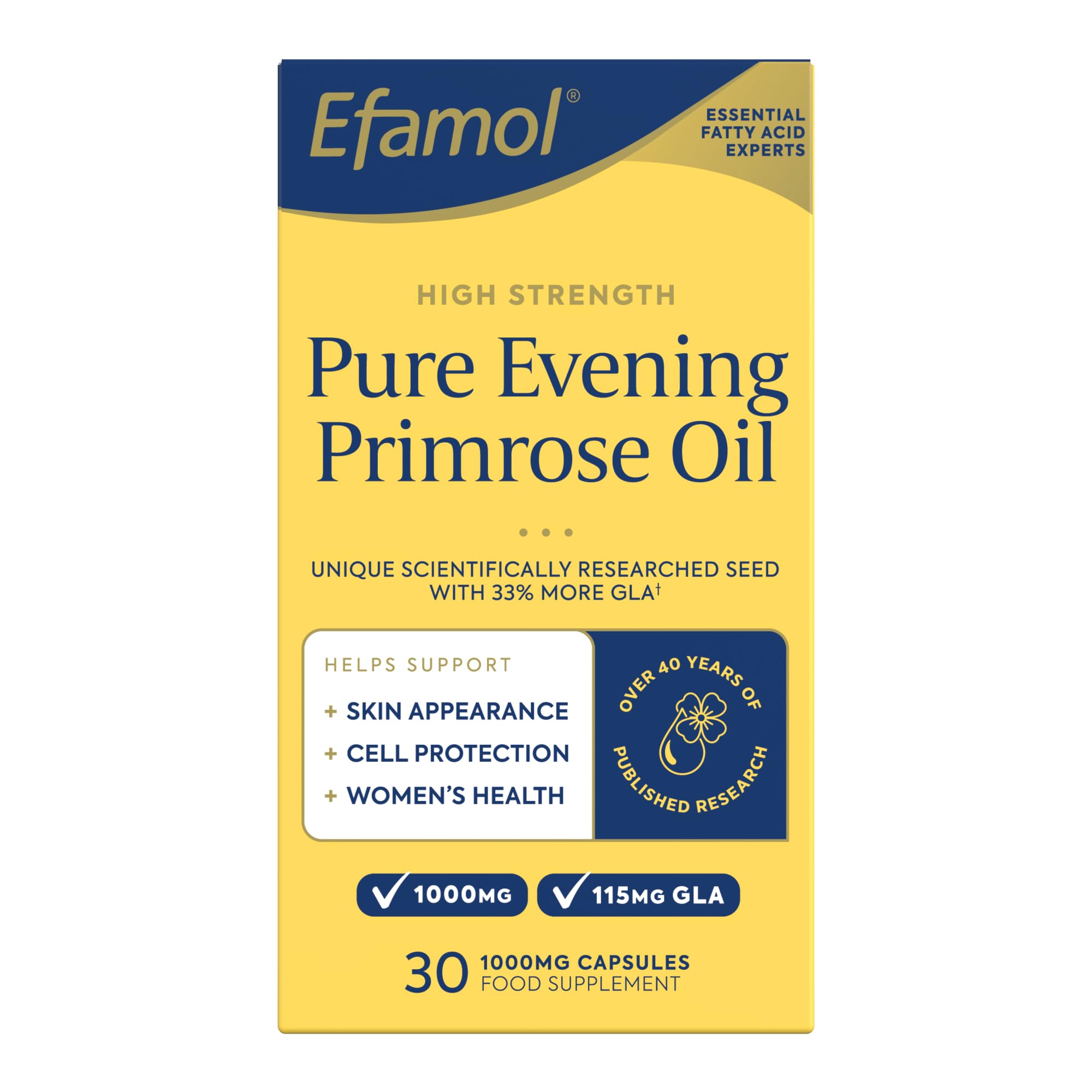 Efamol High Strength Pure Evening Primrose Oil Capsules | 30 Evening Primrose Oil Capsules 1000mg | 115mg GLA | Helps Support Smooth Skin | 1 Month Supply | 1 Tablet Per Day