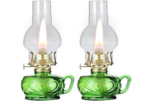 DNRVK 2 Pcs Vintage Large Oil Lamp with Handle Antique Green Glass Kerosene Lamp Lantern Chamber Oil Lamps for Indoor Use Home Decor Classic Old Hurricane Lamp for Emergency Lighting