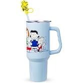 Silver Buffalo Peanuts Gang, Stainless Steel Tumbler, 40oz | Charlie Brown, Snoopy, Woodstock, Lucy, Sally and Linus, Double Walled, Handle and Straw Cap, Fits in Standard Cup Holder