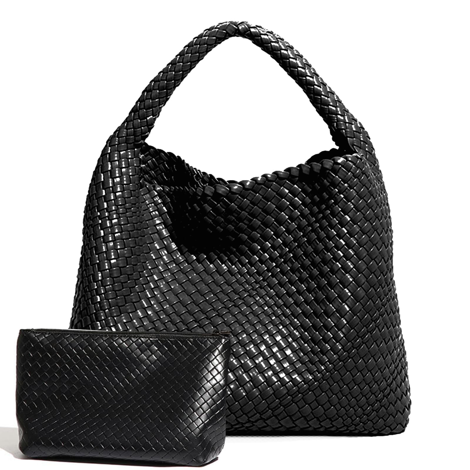 Photo 1 of 2025 Woven Leather Tote Bag with Purse, Extra Large Capacity Vegan Leather Tote Bag Women Weekender Bag Shopper Handbag Travel Shoulder Bag (Black)