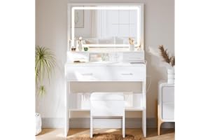 Haewon Makeup Vanity Desk with Lighted Mirror, Makeup Vanity Table with 4 Drawers & LED Mirror, Power Outlet, and Charging Station, White