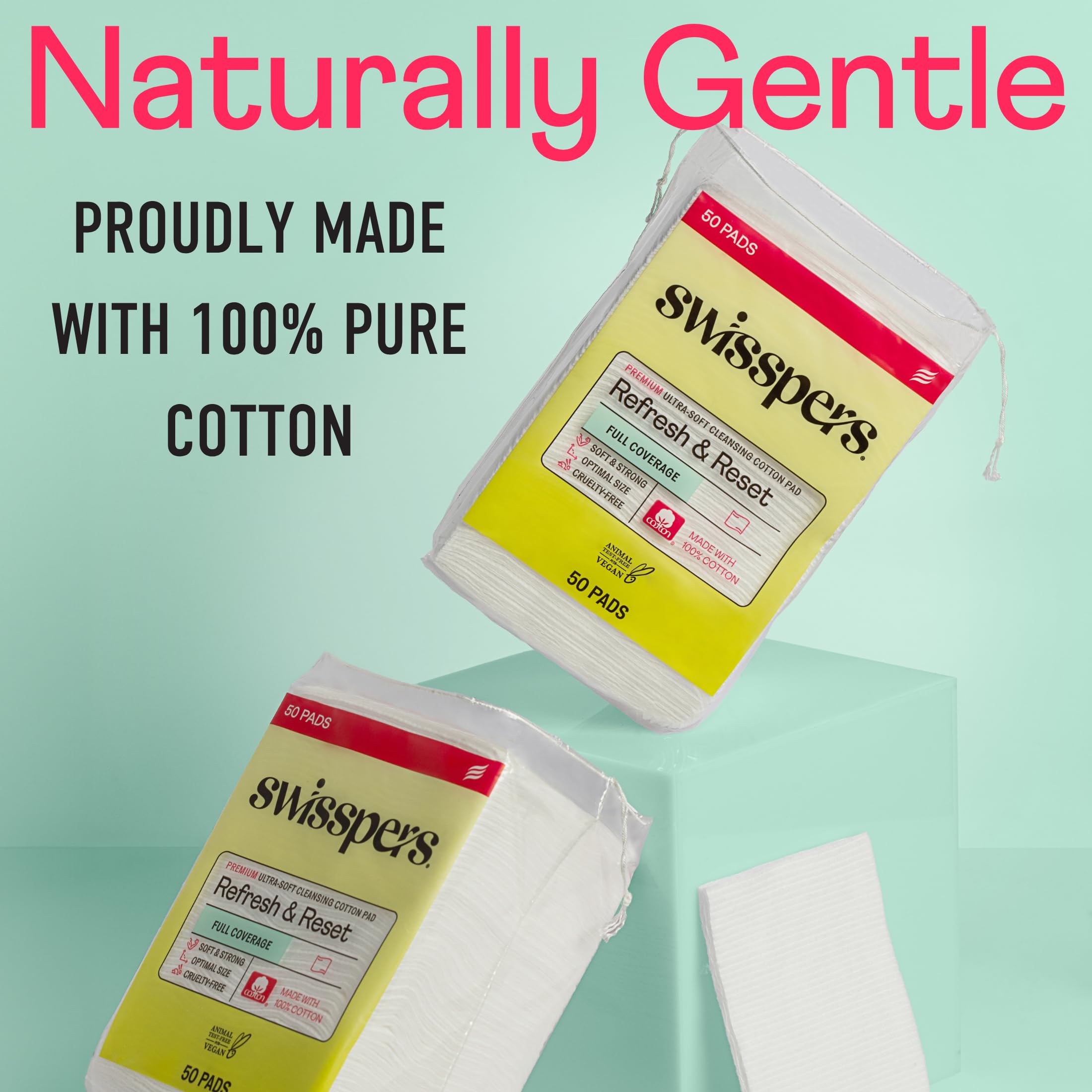 Swisspers Refresh and Reset Facial Cleansing Cotton Pads - 100% Natural Fiber, Ultra-Soft Beauty Essentials for Women & Men - Cruelty-Free, Paraben-Free Skincare Application Squares (50 Count) 3 Pack