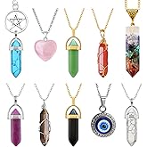 10 Pcs Healing Crystal Necklace Set for Women, Chakra Gemstone Pendant Jewelry with Amethyst, Rose Quartz Heart, Carnelian, Evil Eye, Tiger Eye, Boho Vintage Spiritual Gift