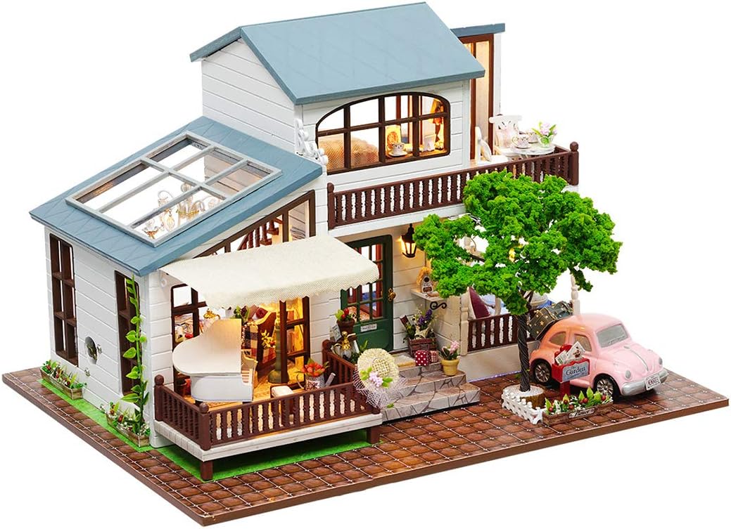WOLFBUSH Dollhouse Kit Miniature 3D Puzzles Wooden Handmade House Kit Creative London Holiday Basic Version Doll House with LED Light and Furnitures for Children Girls Women