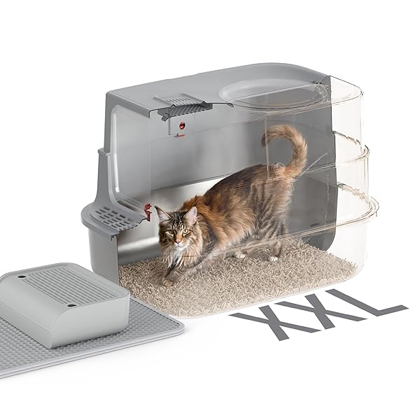 STAINLESS STEEL LITTER BOX WITH LID, EXTRA LARGE ENCLOSED CAT LITTER BOX FOR BIG CATS, ANTI-LEAKAGE METAL KITTY BOX WITH HIGH SIDED ENCLOSURE, SCOOP, PEDAL & NON-SLIP MAT, EASY TO CLEAN