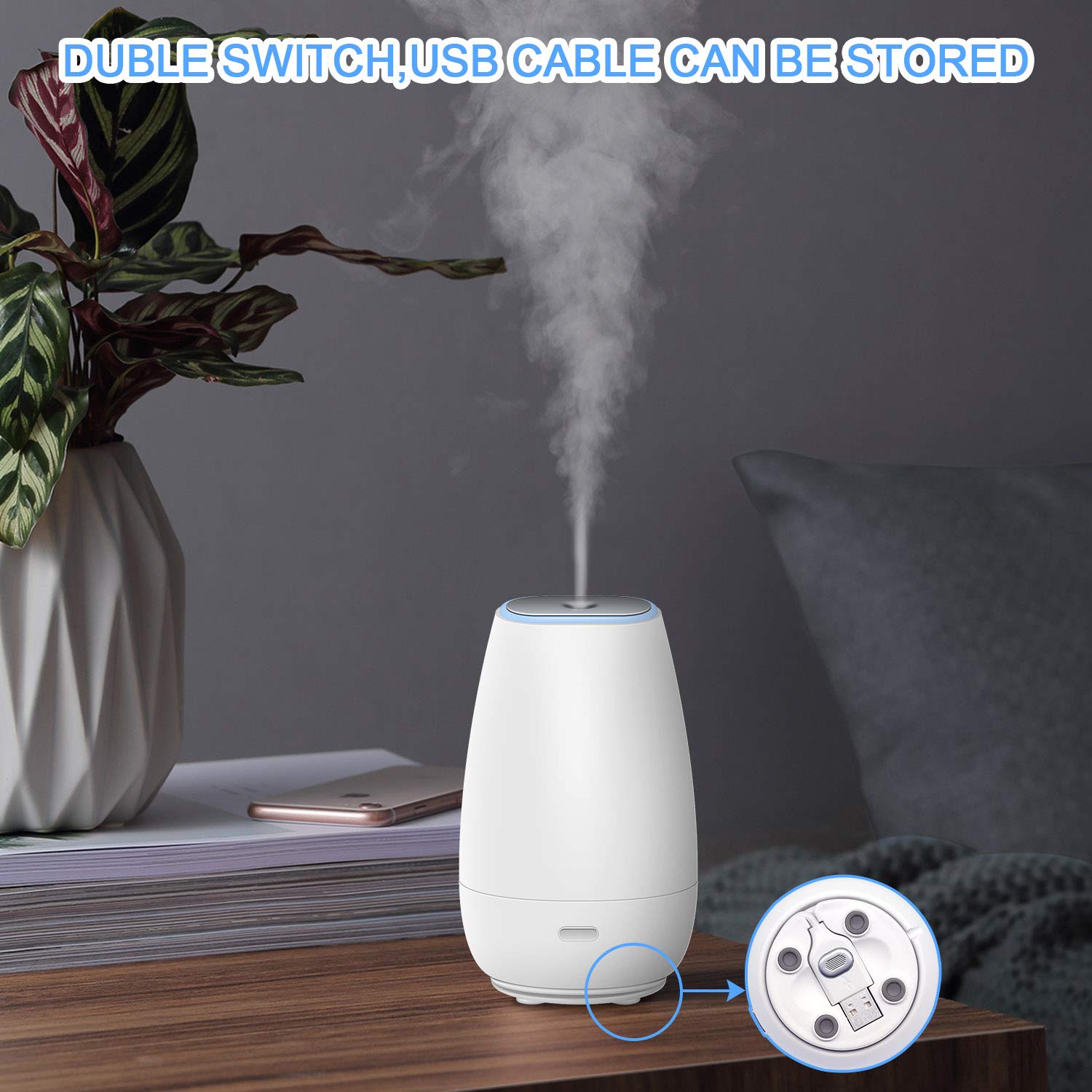 MADETEC Ultrasonic Car Diffuser for Essential Oils, Portable Mini USB Humidifier for Home,Desk，Travel, Office, Baby Bedroom with 7 Colors Night Light and Auto Shut-Off - (White)