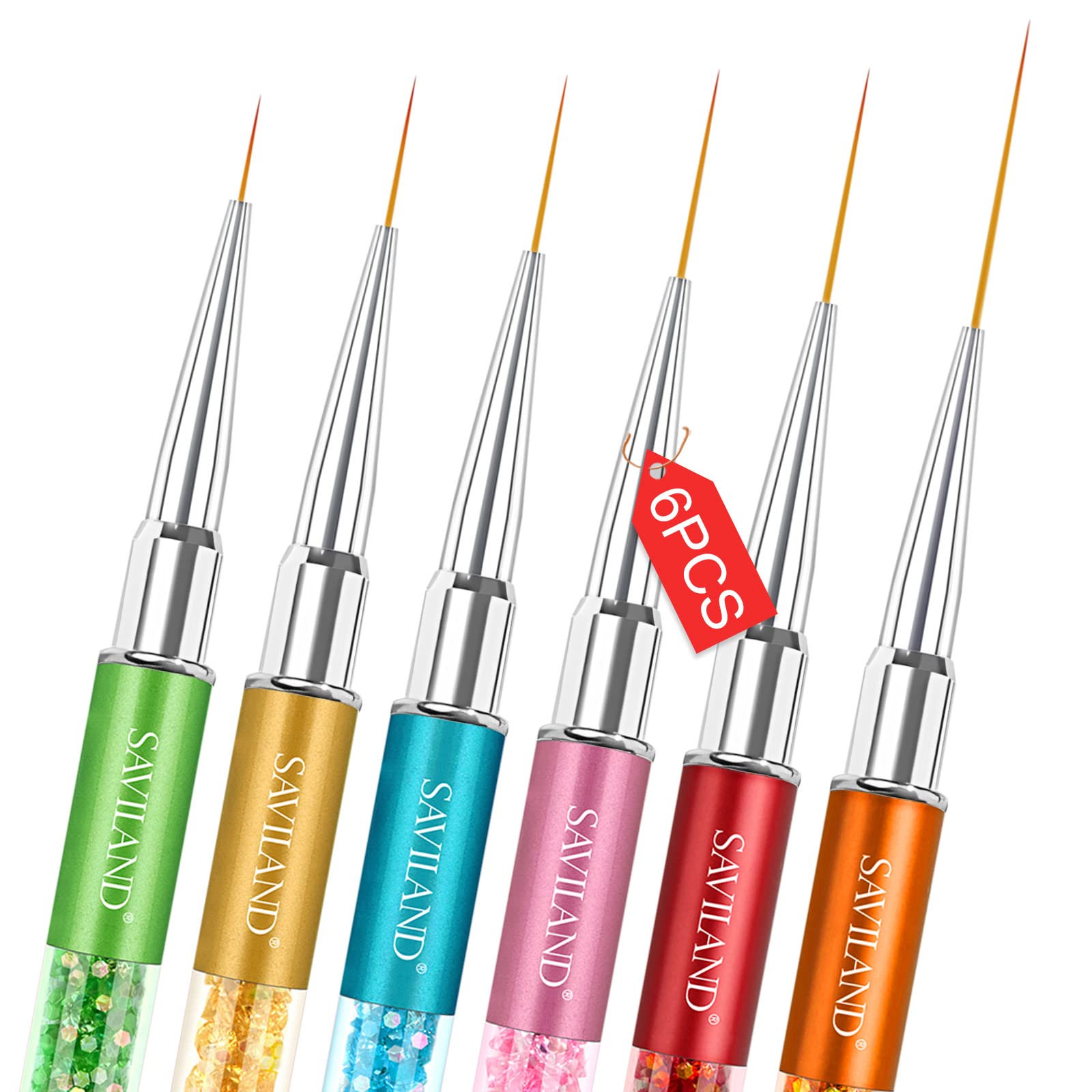 Saviland Nail Art Liner Brushes, 6Pcs Nail Gel Polish Painting Nail Design Brush Pen Set with Crushed Diamond Rhinestones Handle for Pulling Lines, Nail Art Design