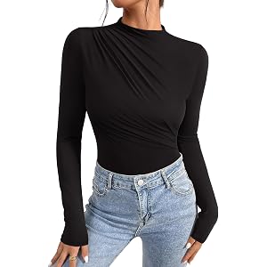REORIA Womens Long Sleeve Ruched Bodysuit Tops | Thong Body Suits for Women,Mock Neck,Slim Fit,Going Out Outfits,Basic Layeri