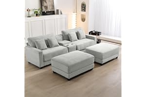 Bumblr Sectional Sofa Couch with Ottoman, 111.8" Corduroy Modern Comfy 2-seat Couches with Cup Holders, Storage Compartment, USB Ports for Living Room, Apartment (Light Gray)