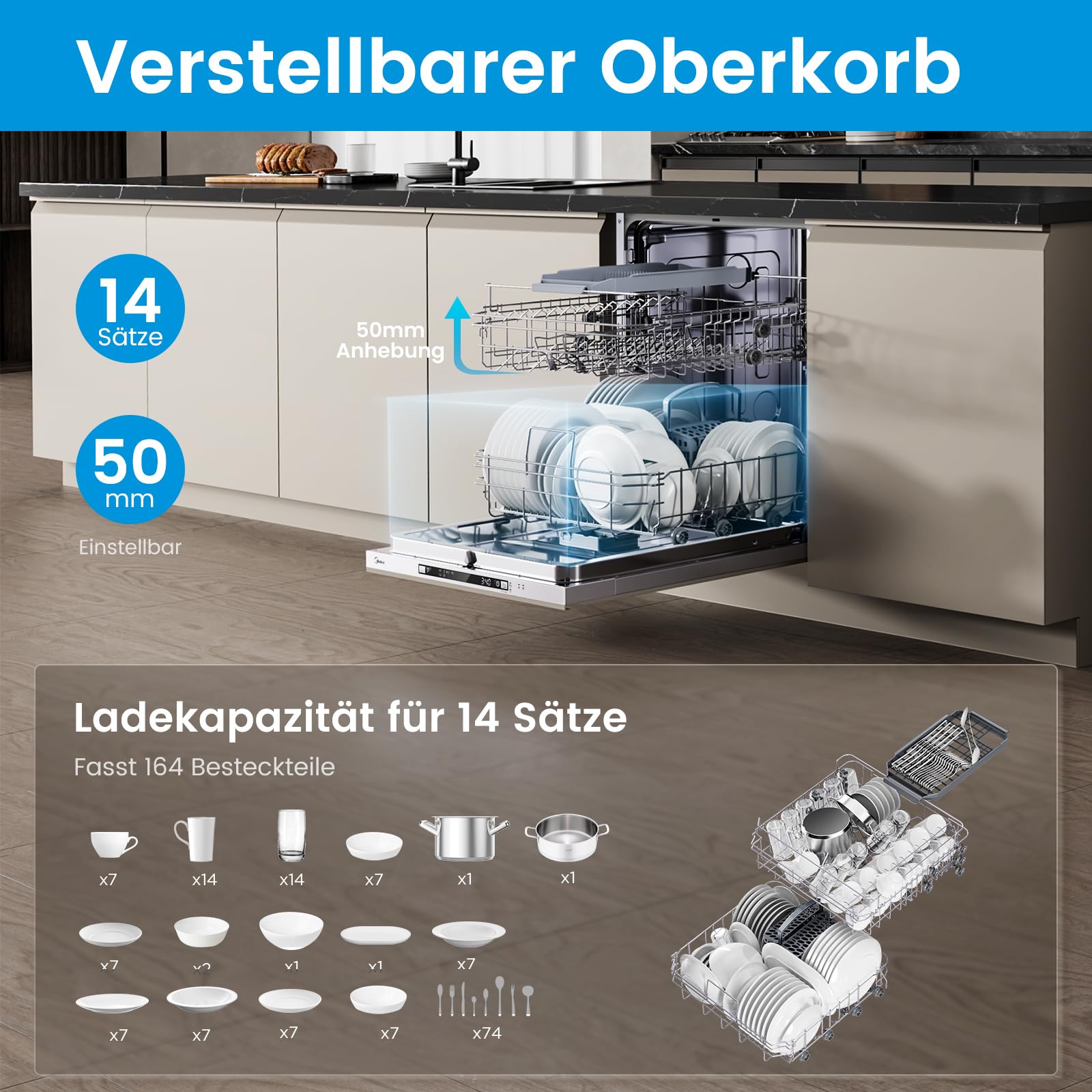 Midea SV 5.14K14C Geschirrspüler Vollintegriert 60cm, 14 Maßgedecke, Spülmaschine Unterbaufähig mit WIFI, 8 Programme, 44 dB, Automatische Türöffnung, 0-24H Startverzögerung, Inox 3